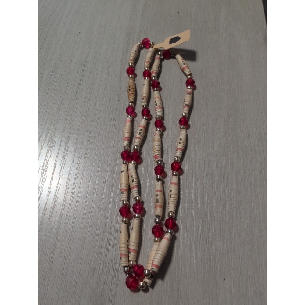 Handmade Multicolored Paper Bead Necklace With Red Bead Accents